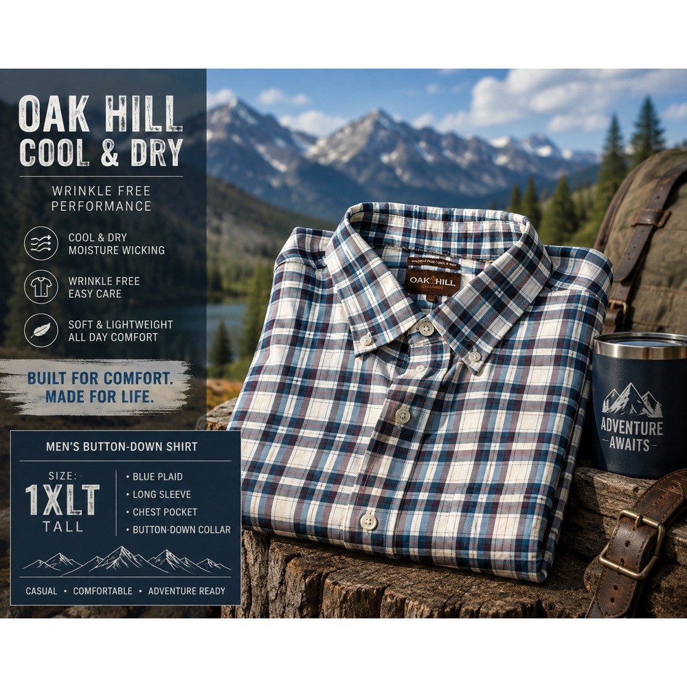 Oak Hill Men's 1XLT Blue Plaid Cool & Dry Button-Down Shirt Tall Long Sleeve